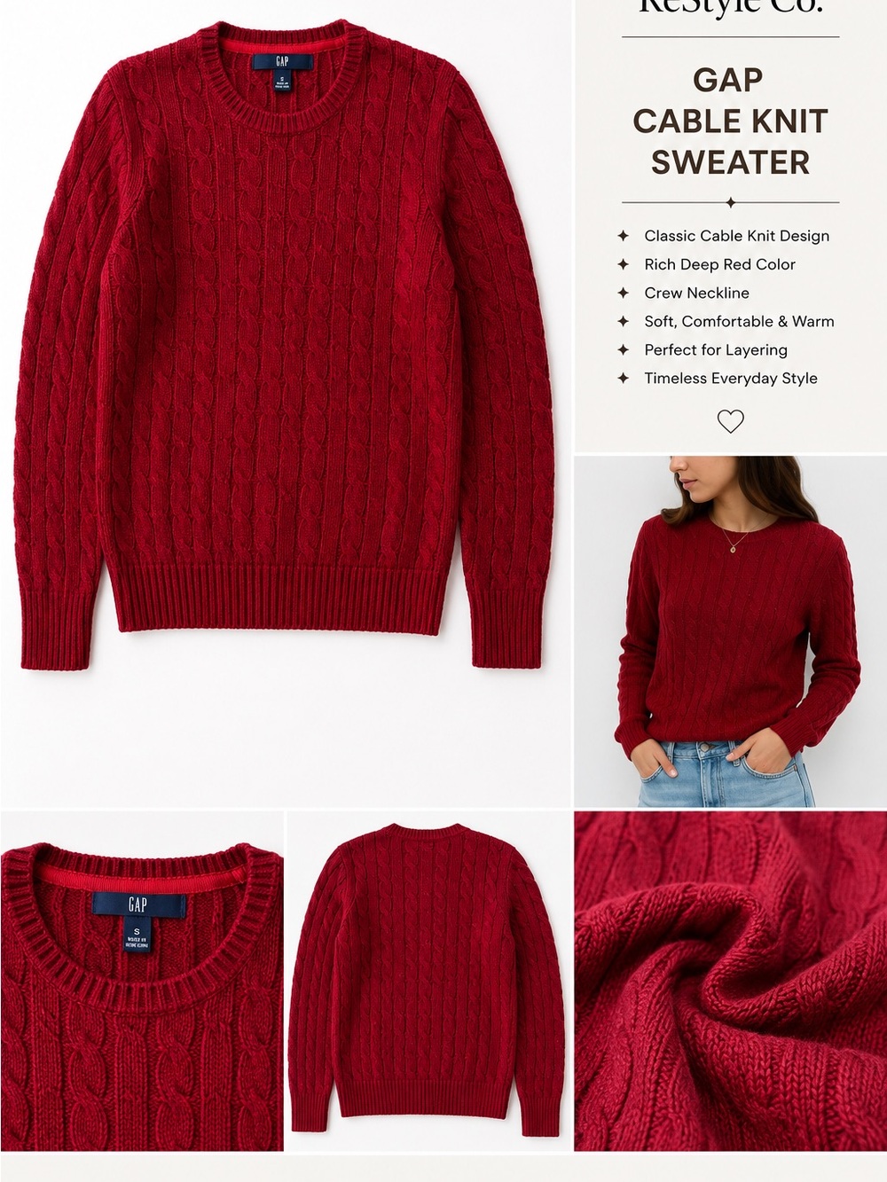 GAP Red Cable Knit Crewneck Sweater